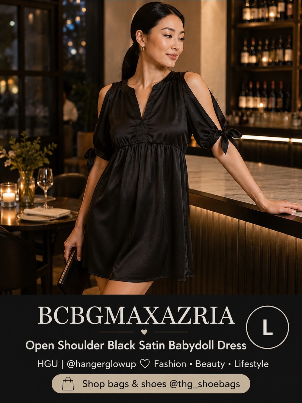 BCBGMAXAZRIA Black Cold Shoulder Satin Babydoll Dress Tie Sleeve L